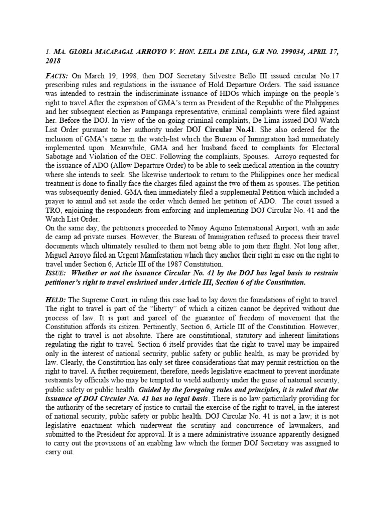 1 ma gloria macapagal arroyo v hon leila de lima g r no 199034