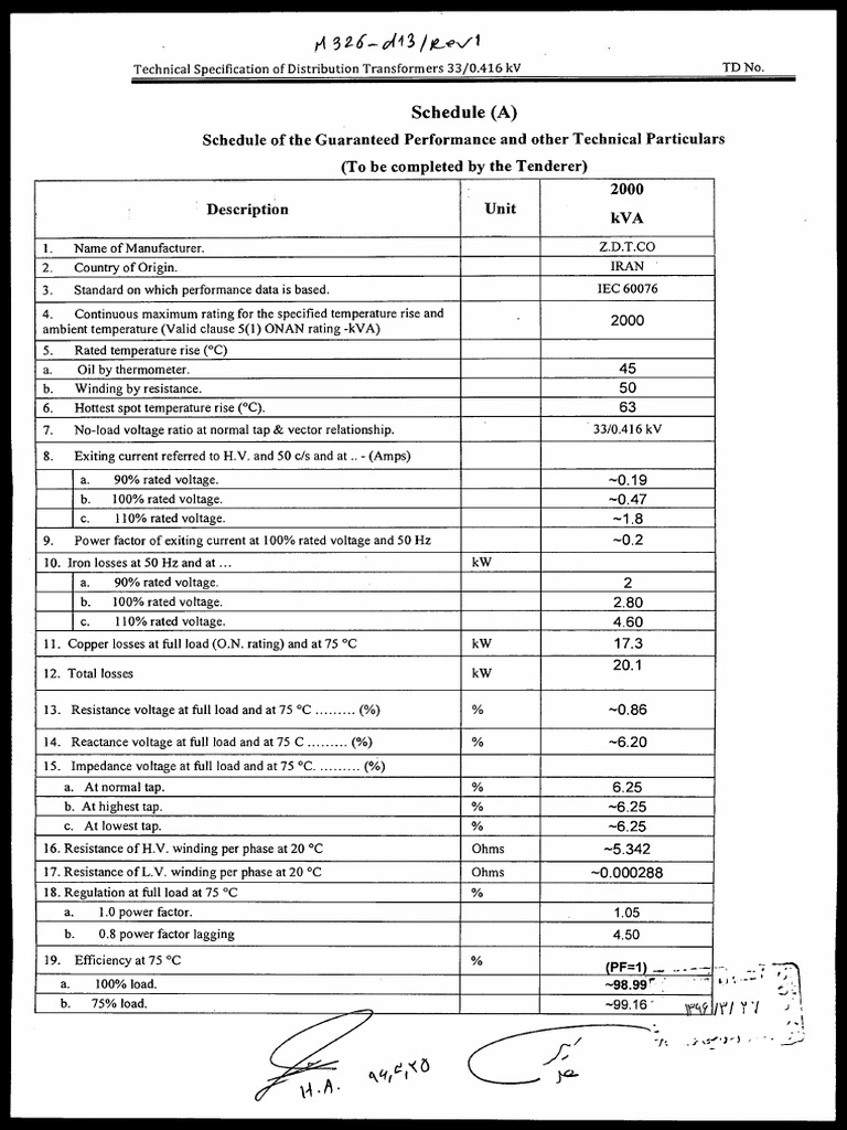Distribution Transformer Specs 33/0.416 kV | PDF | Transformer ...
