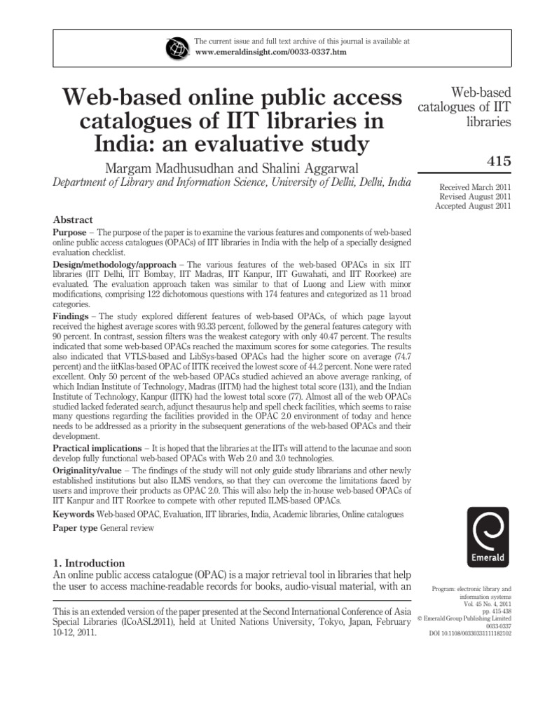 Based Online Public Access Catalogues of IIT Libraries in India An