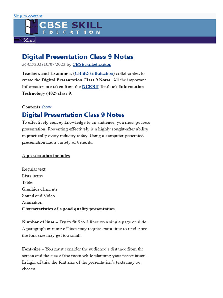 digital presentation class 9 pdf