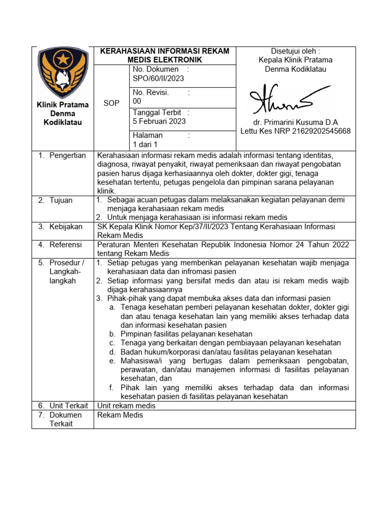 SOP Kerahasiaan Rekam Medis Elektronik | PDF | Kesehatan Holistik