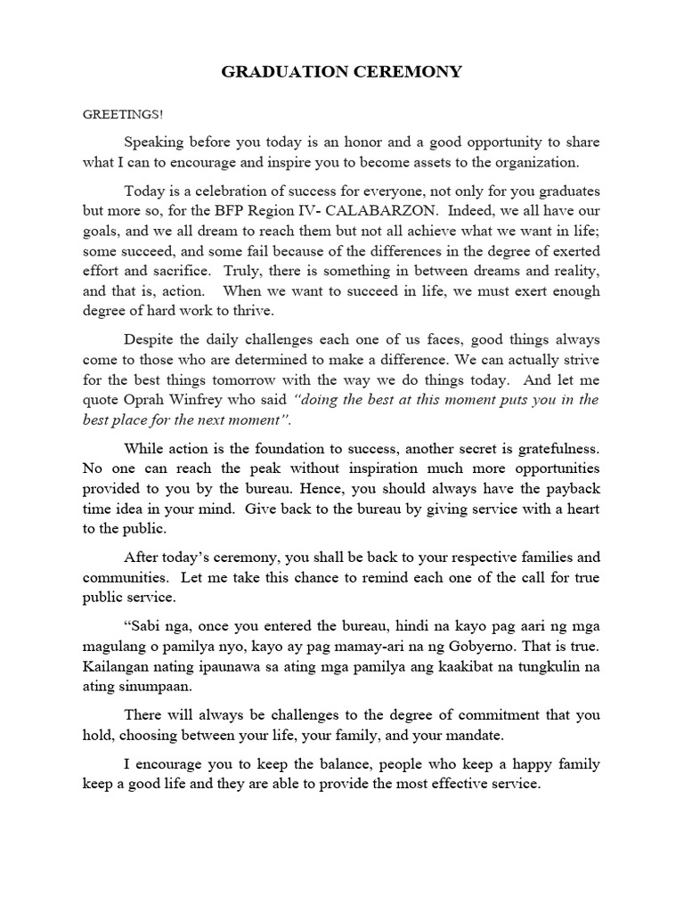 Inspiring Graduation Speech for BFP CALABARZON | PDF | Career & Growth ...