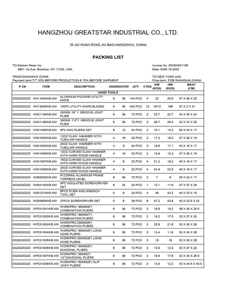Great Star 2023KG01109 POGS20230220 Packing List PDF Knife