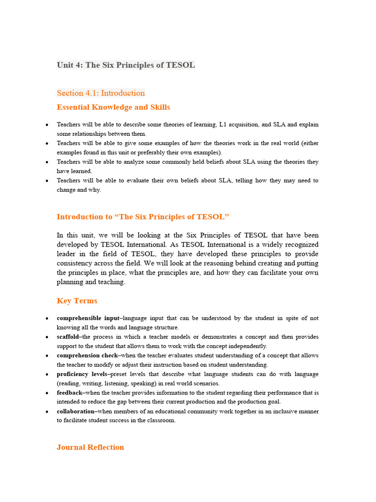 NOTE Unit 4 The Six Principles of TESOL | PDF | English As A Second Or ...