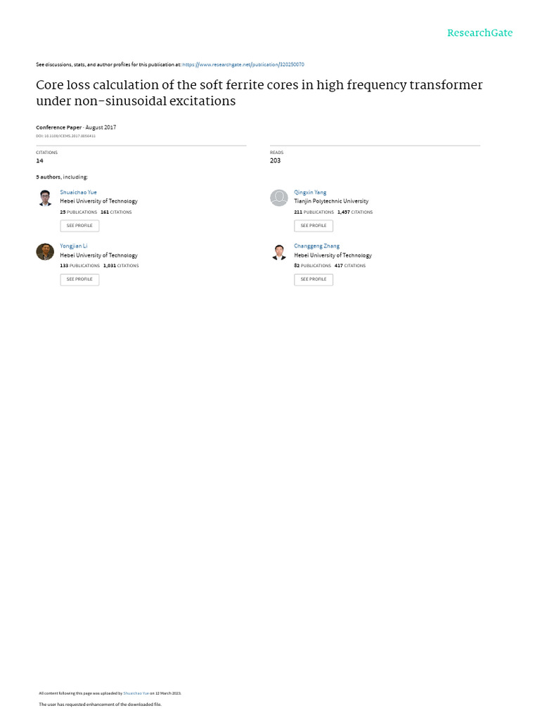 Core Loss Calculation of The Soft Ferrite Cores in High Frequency