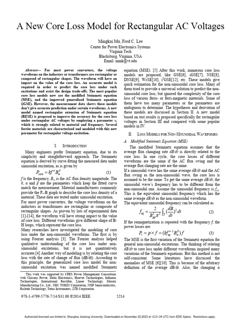 A New Core Loss Model For Rectangular AC Voltages PDF Inductor