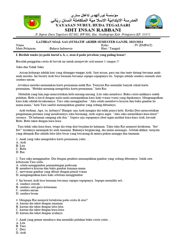 Soal Sumatif SAS PAS Bahasa Indonesia Kelas IV Semester 1 | PDF