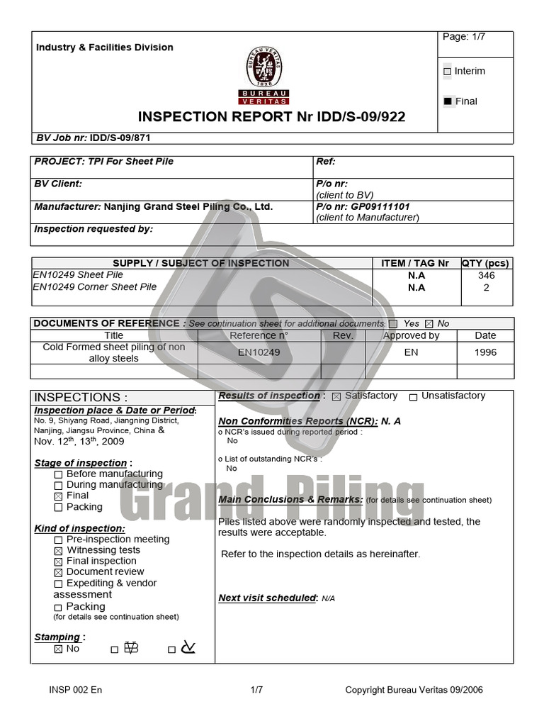 BV Sheet Ile Inspection Report PDF Calibration Materials