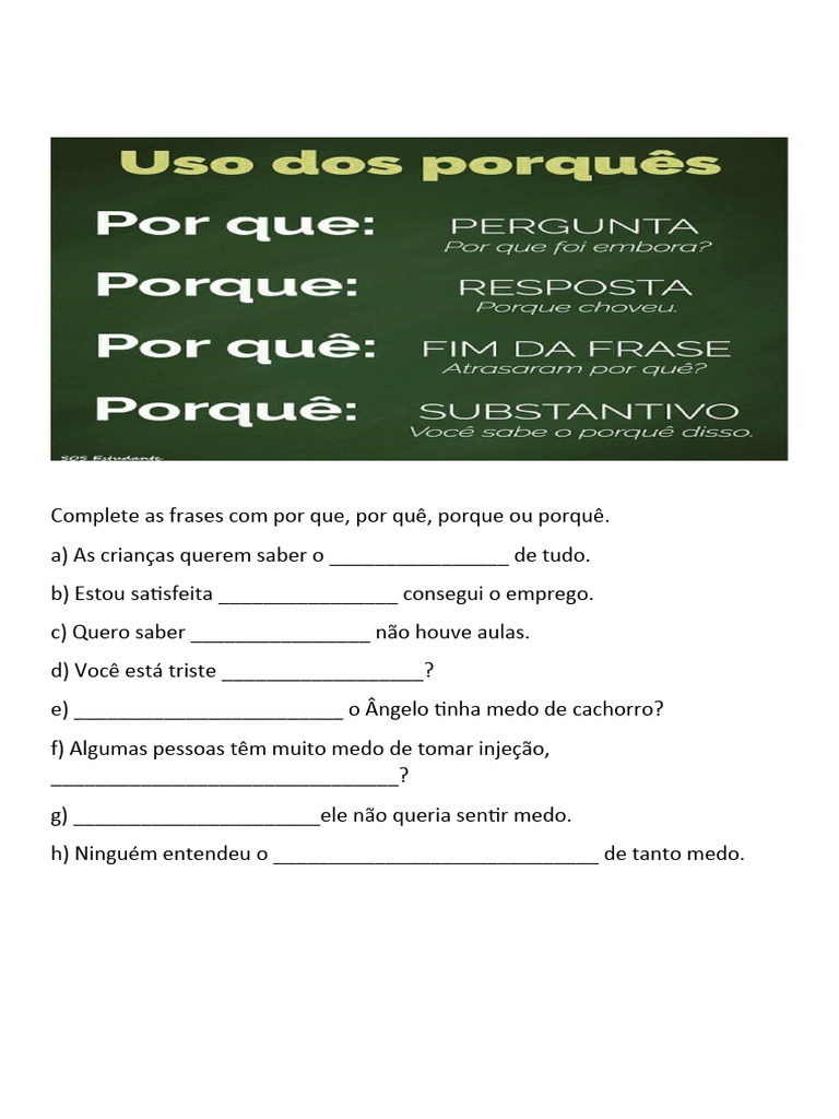 Complete As Frases Com Por Que | PDF