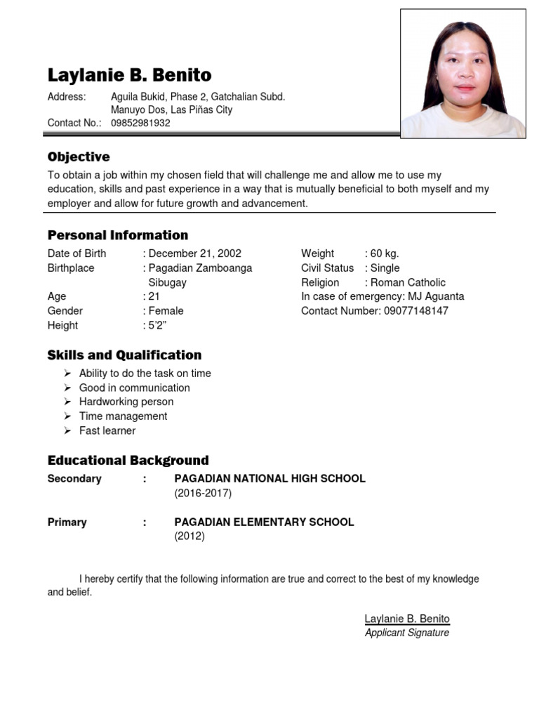 Resume of Laylanie B. Benito | PDF