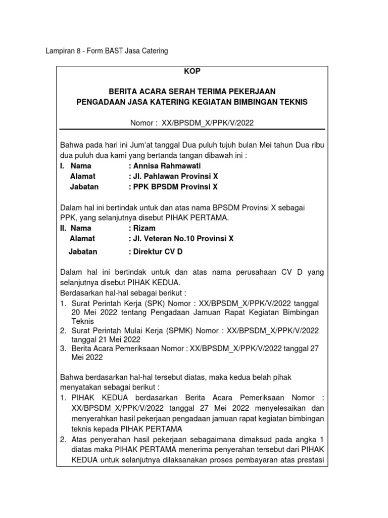 Form BAST Jasa Katering Bimbingan Teknis | PDF
