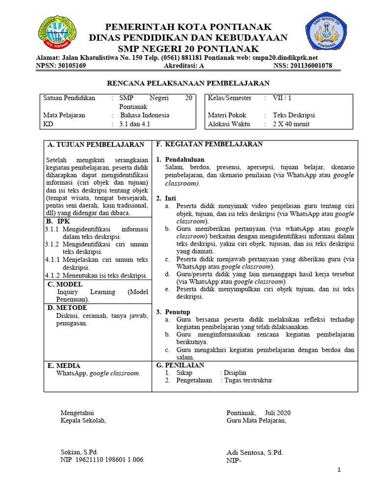 Rencana Pembelajaran Teks Deskripsi SMP | PDF