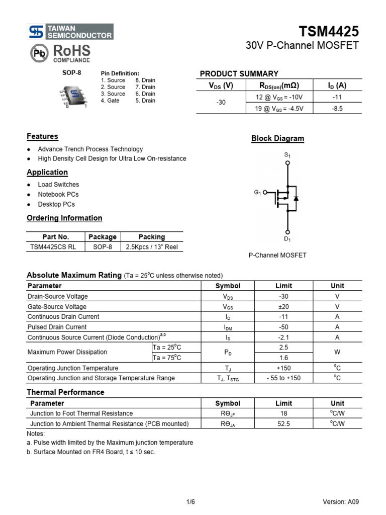 tsm4425 A09 | PDF | Field Effect Transistor | Mosfet