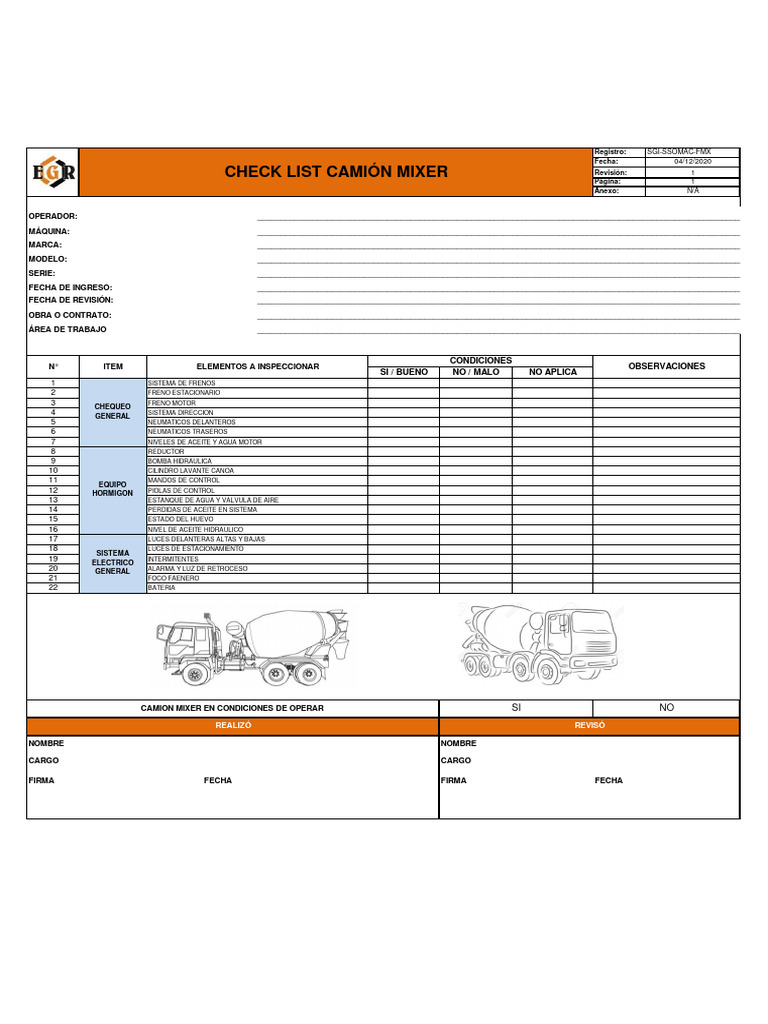 Check List Camion Mixer | Descargar gratis PDF | Camión | Vehículo de motor