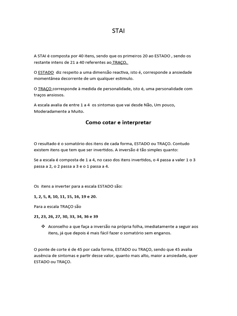 Interpretação da Escala STAI | PDF