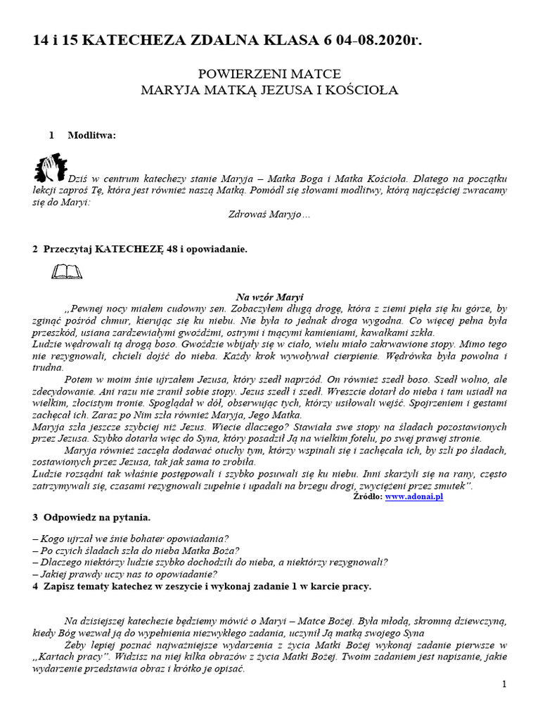 Cywilizacja Miłości Katecheza 14 I 15 Katecheza Zdalna Klasa 6 04082020r | PDF