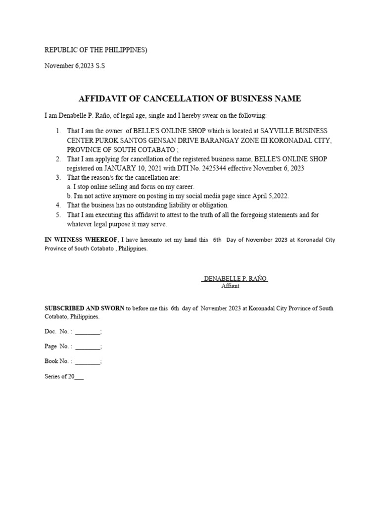 Affidavit of the cancellation of the registered business name pdf