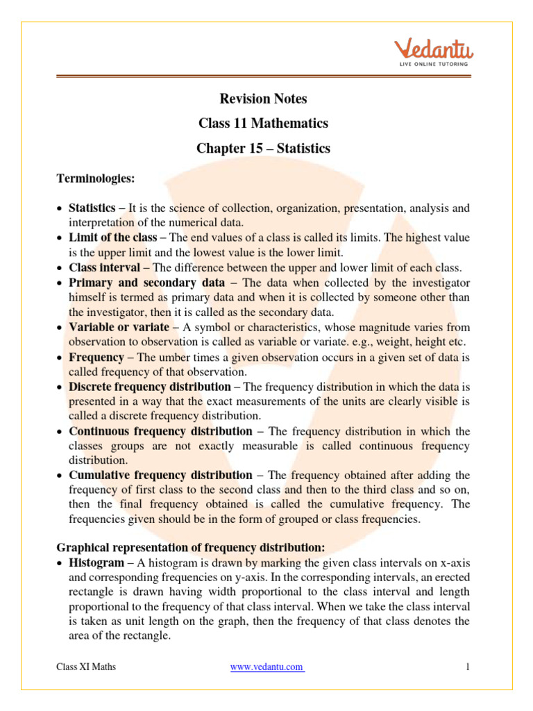 Class 11 Statistics Revision Notes | PDF | Mean | Mode (Statistics)