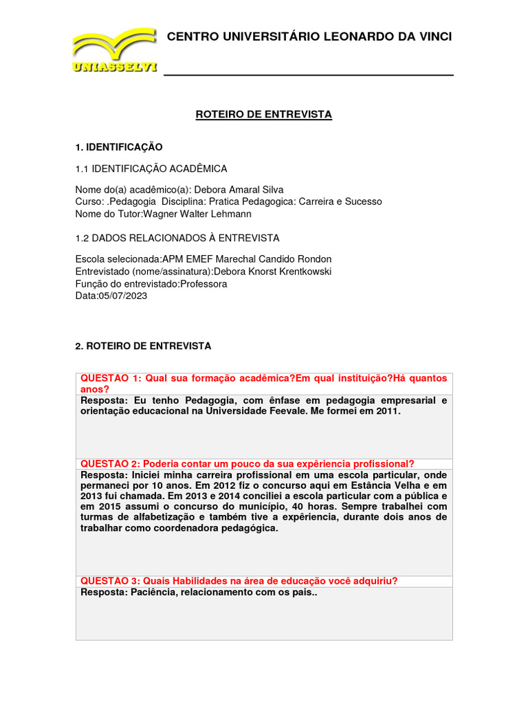 Roteiro de Entrevista para Professores | PDF | Pedagogia
