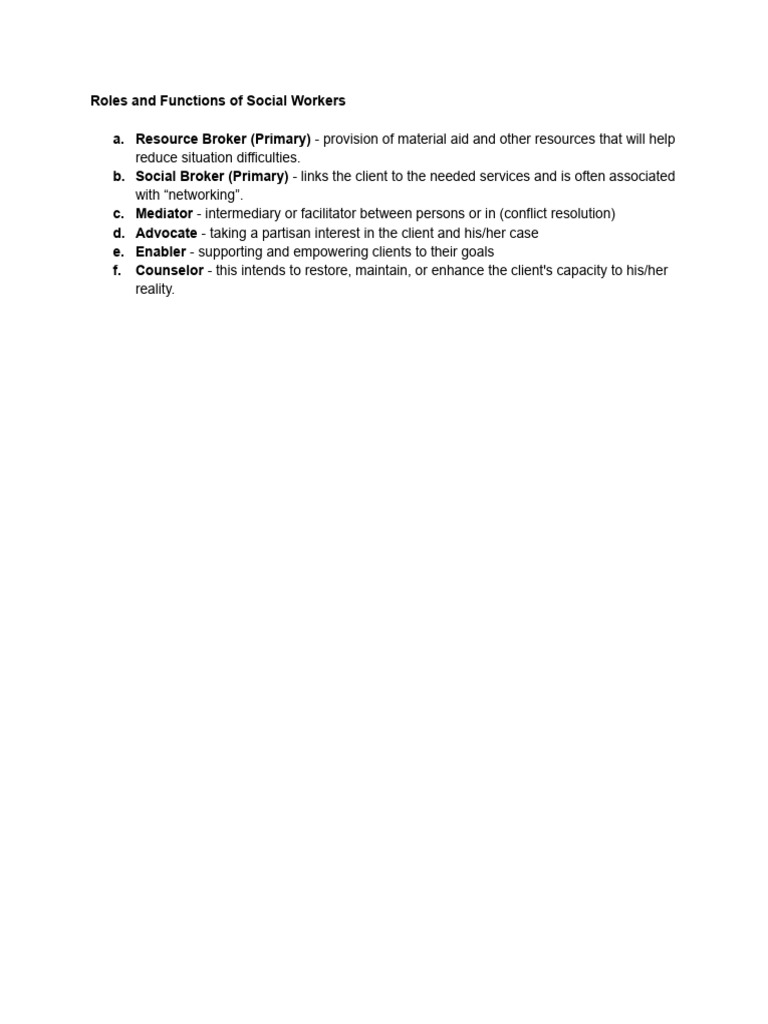 Social Workers' Roles and Functions | PDF | Social Science