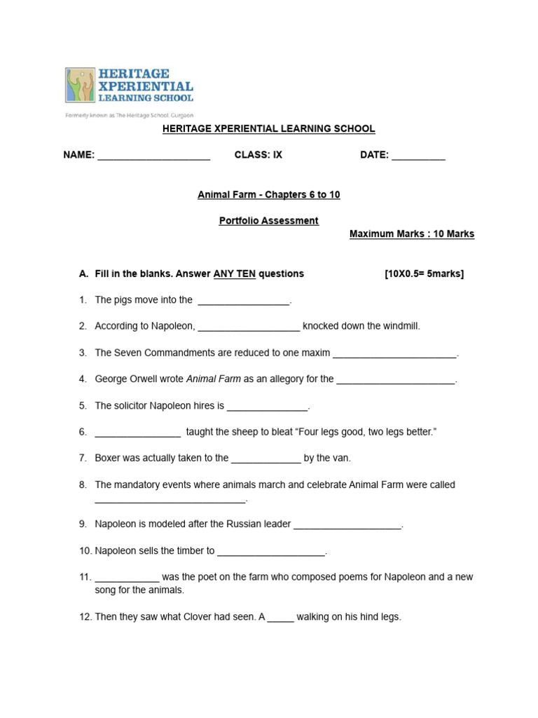 Animal Farm - Chapters 6 To 10 - Portfolio Assessment | PDF