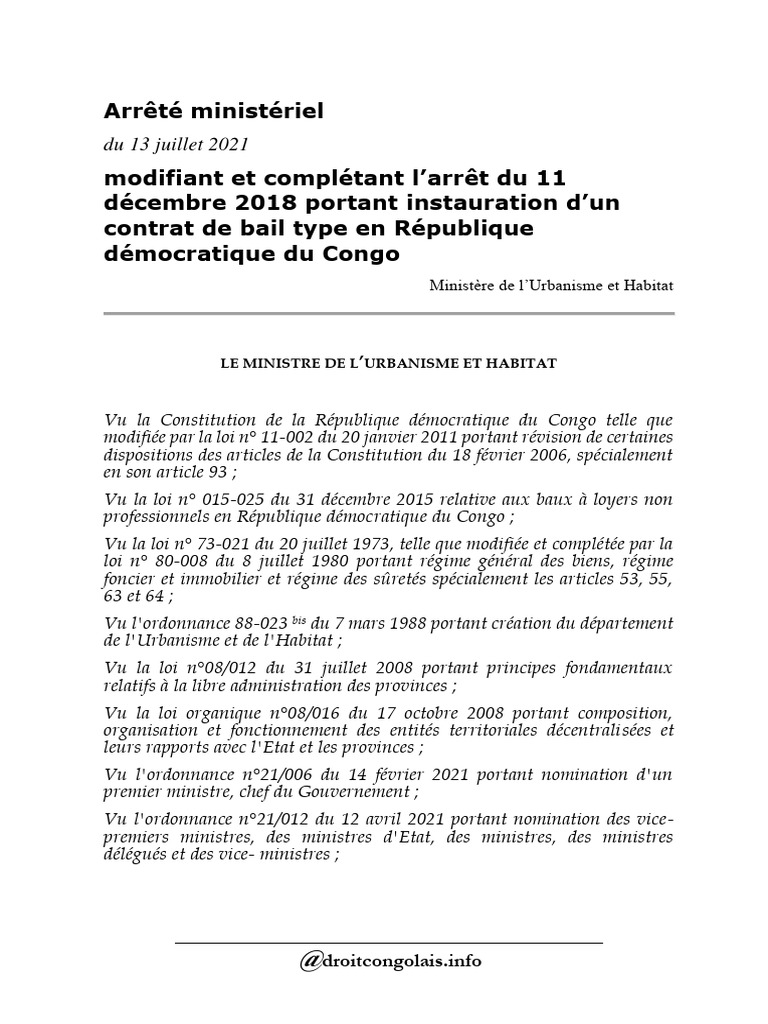 Modèle de contrat de bail type RDC 2021 | PDF | Logement | Gouvernement