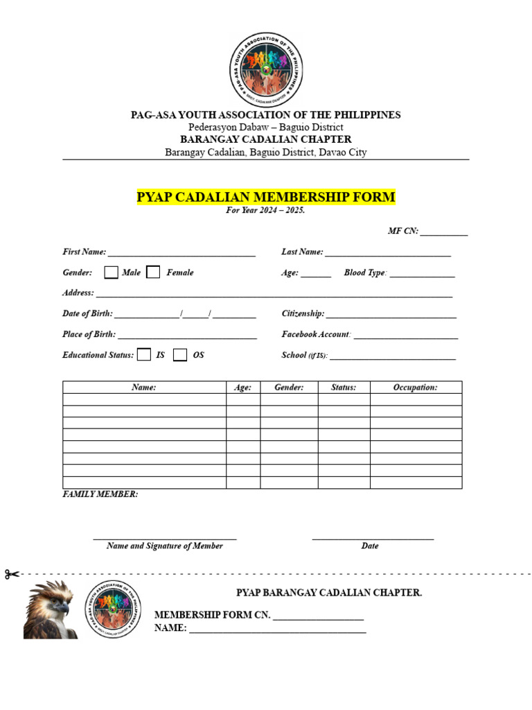 PYAP Cadalian Membership Form 2024-2025 | PDF