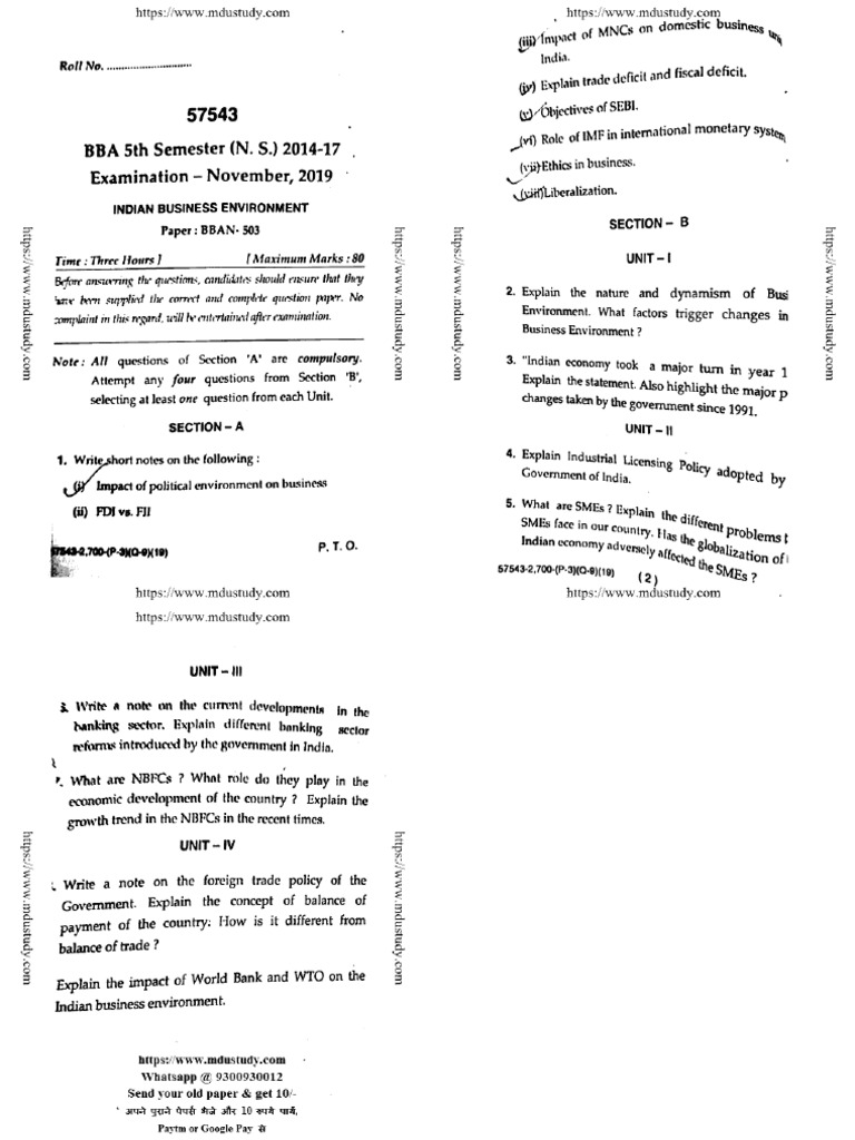 Bba 5 Sem Indian Business Environment 57543 Nov 2019 | PDF