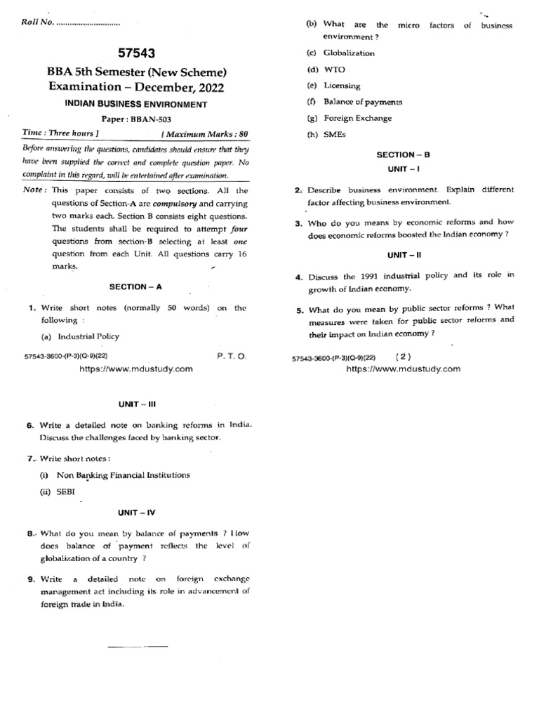 Bba 5 Sem Indian Business Environment 57543 Dec 2022 | PDF