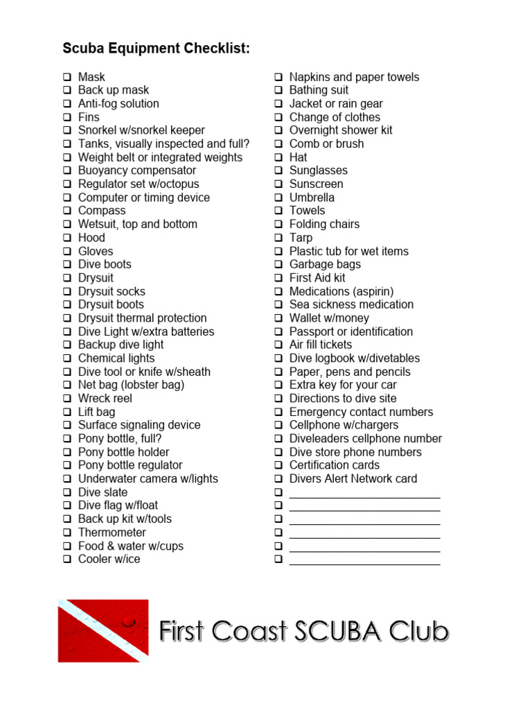 Scuba Equipment Checklist PDF Scuba Diving Snorkeling