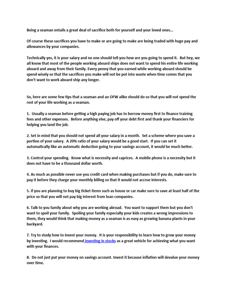 Financial Tips For Seafarer | PDF | Finance & Money Management