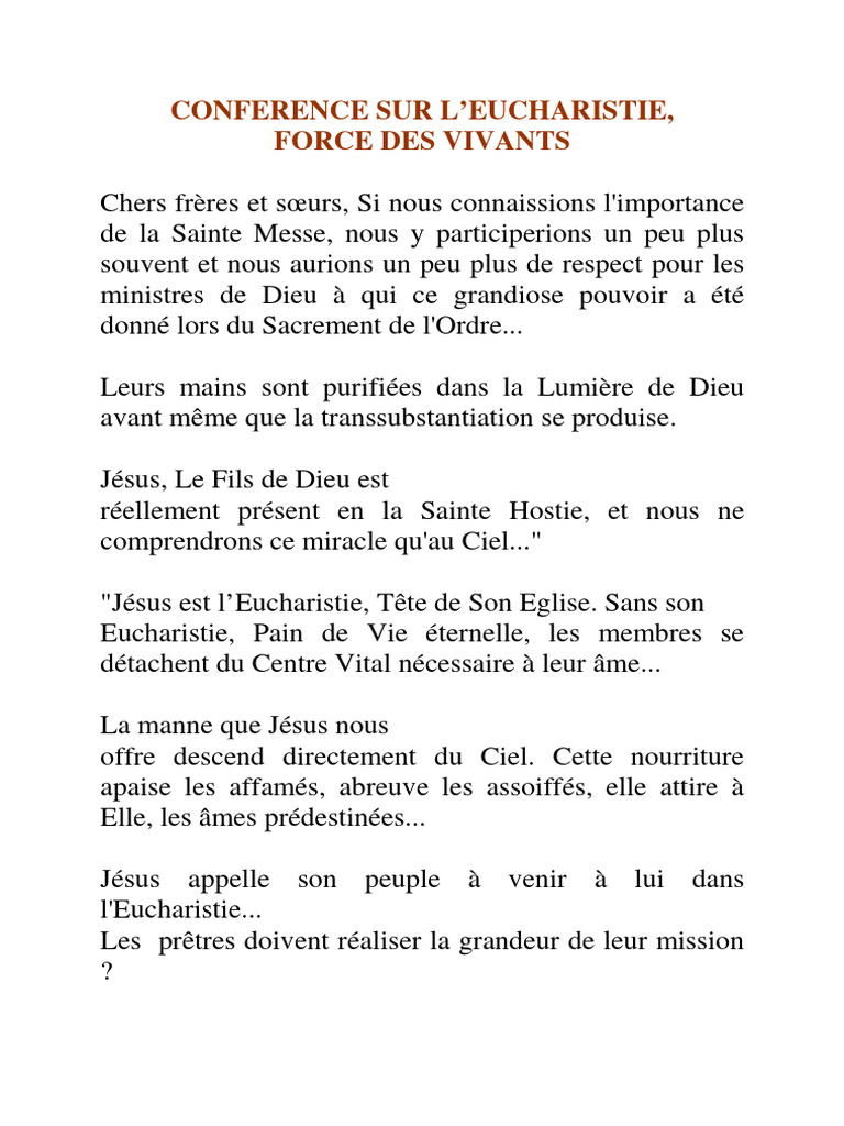 Importance de l'Eucharistie dans la Foi | PDF | Eucharistie | Jésus