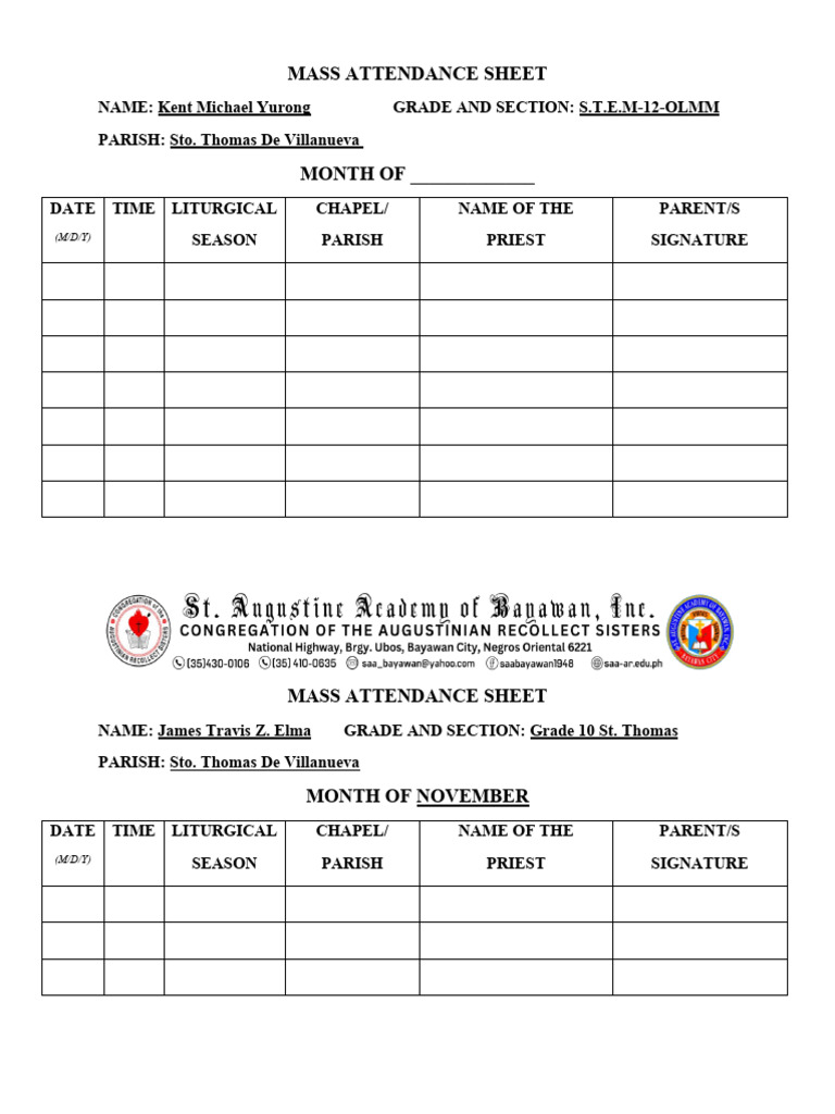 Mass Attendance Sheet Template | PDF