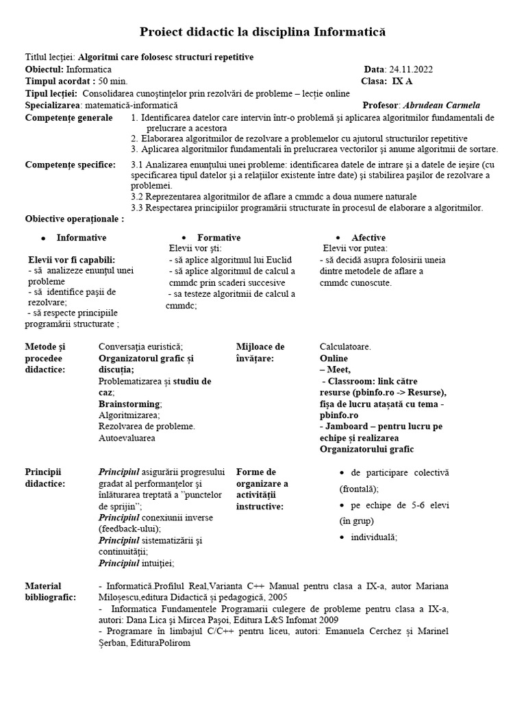 Proiect Didactic Informatica Prof. Abrudean Carmela | PDF
