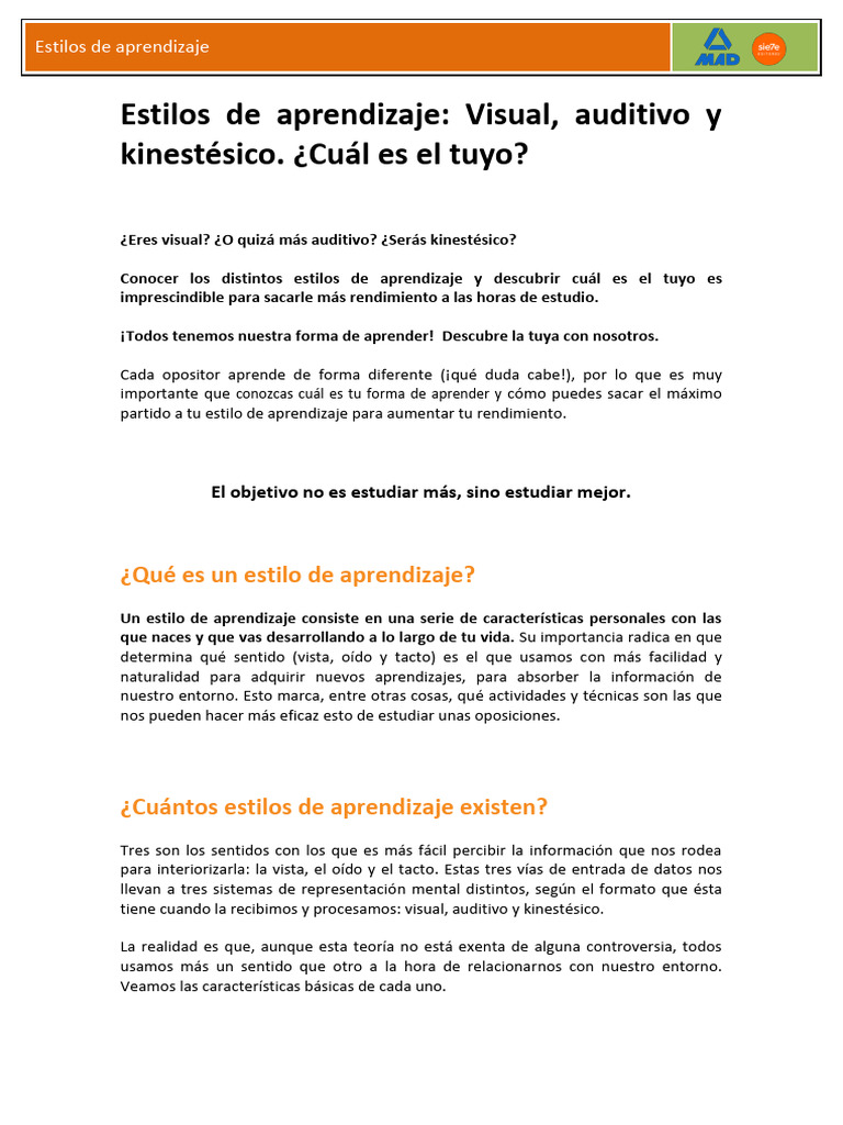 Estilos de Aprendizaje: Visual, Auditivo y Kinestésico | PDF ...
