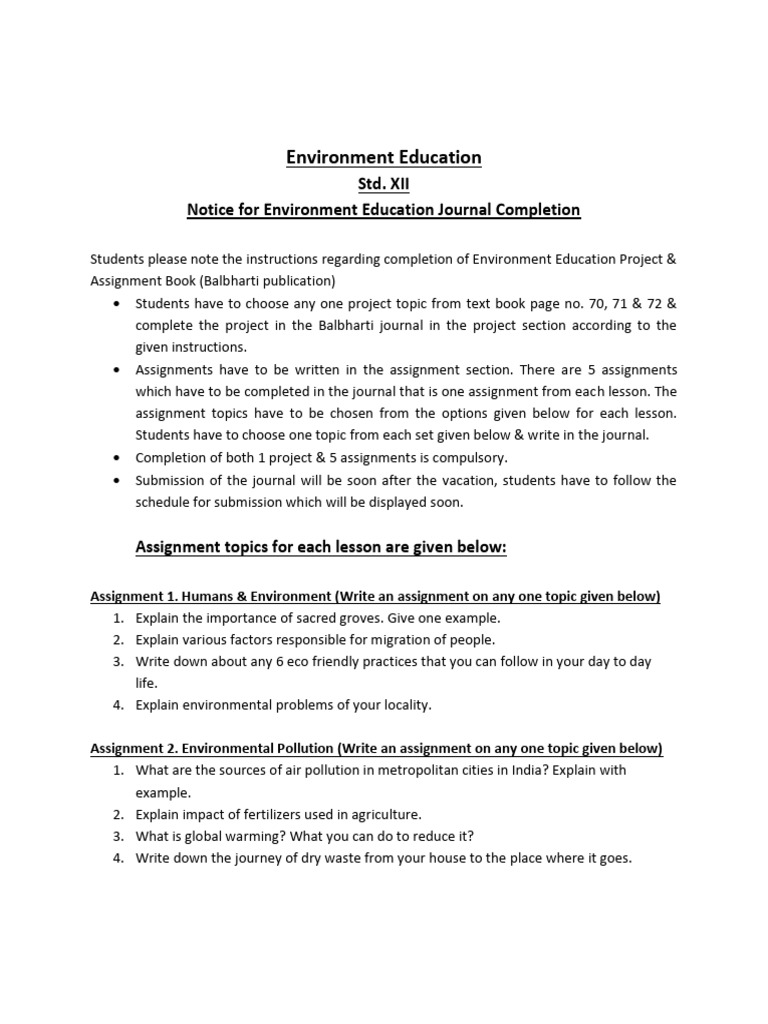 XII Environment Education Project & Assignments 2023-24 | PDF ...