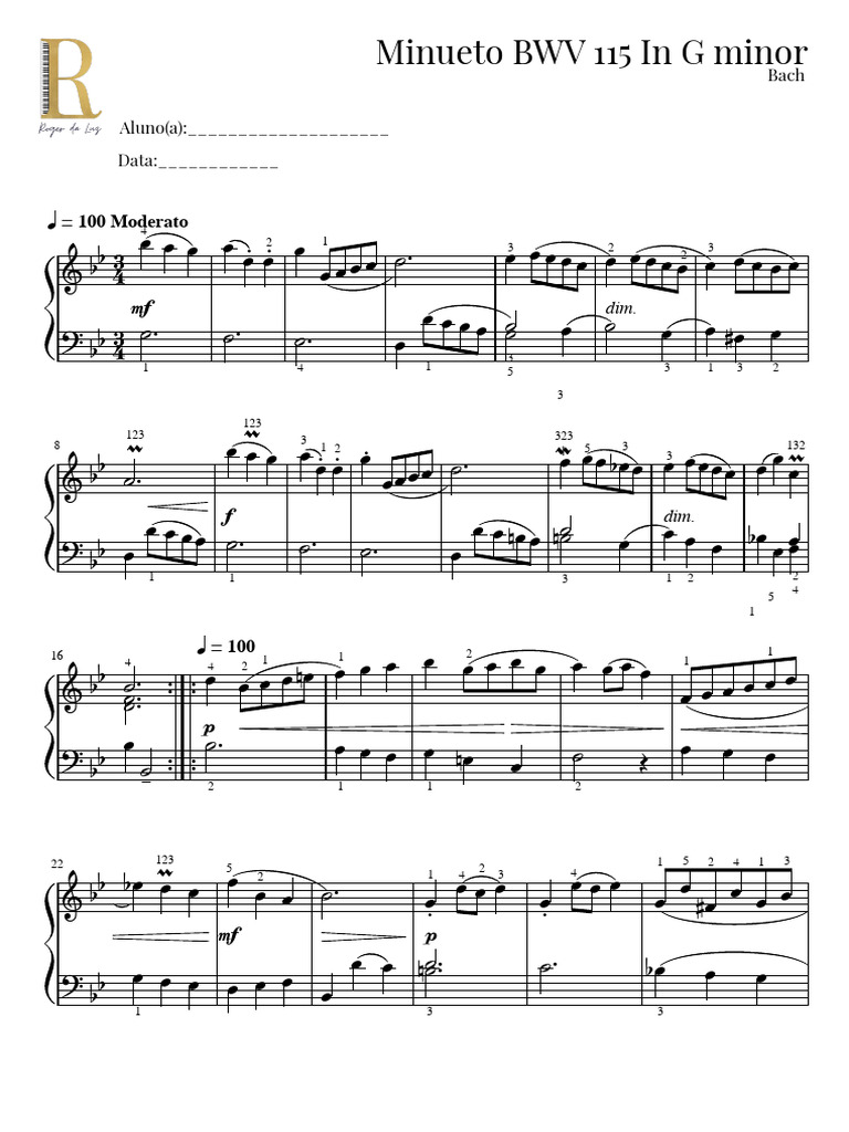 Minueto BWV 115 en Sol Menor | PDF | Familia de Bach | Johann Sebastian ...