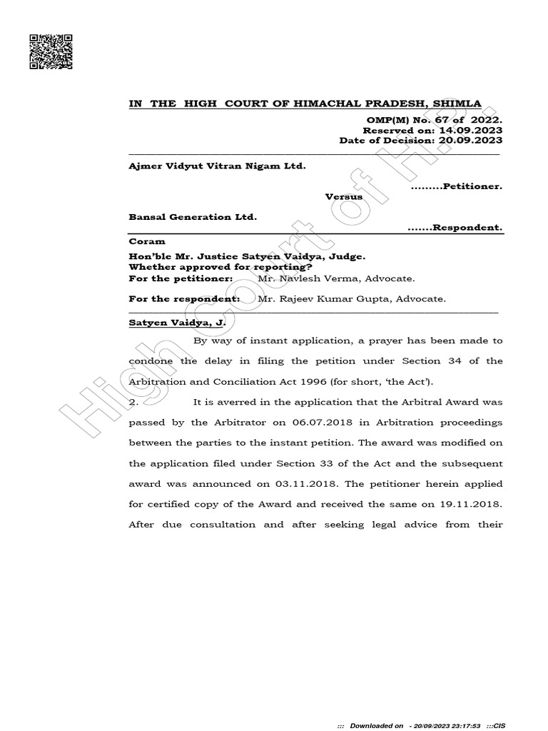 Ajmer Vidyut Vitran Nigam LTD V Bansal Generation LTD PDF