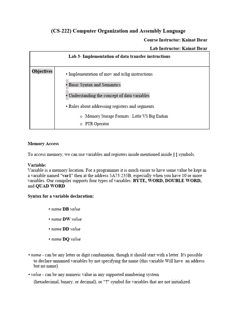 LAB3Implementation of Mov and XCHNG Download Free PDF Variable