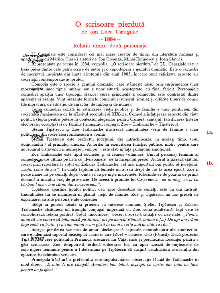 O Scrisoare Pierduta Modul Din Care Se Reflecta O Tema O Scrisoare Pierduta | PDF