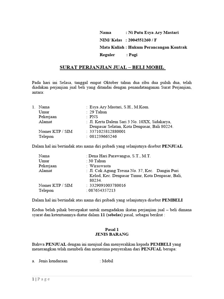 Surat Perjanjian Jual Beli Mobil 2017 | PDF