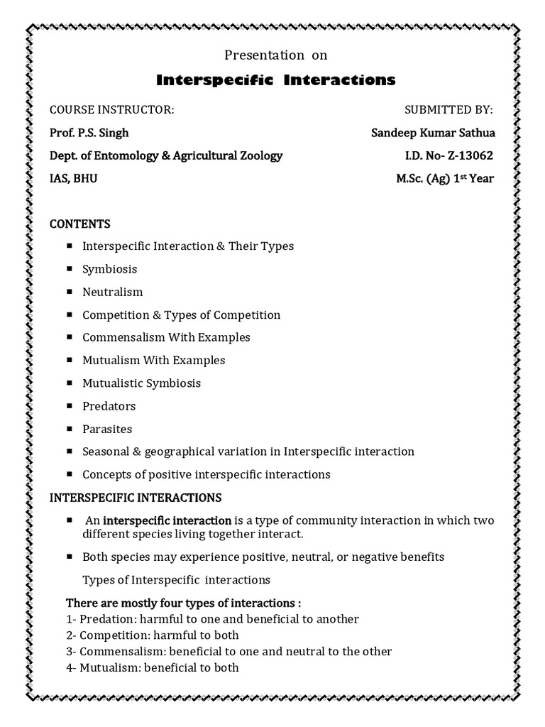 Inter Specific Interaction | PDF | Symbiosis | Predation