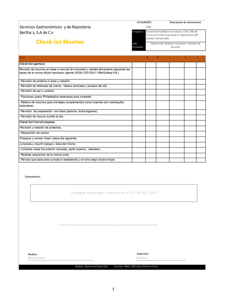 Check Lists Nuevo Formato Ray | PDF | Alimentos | Cocina de las Americas