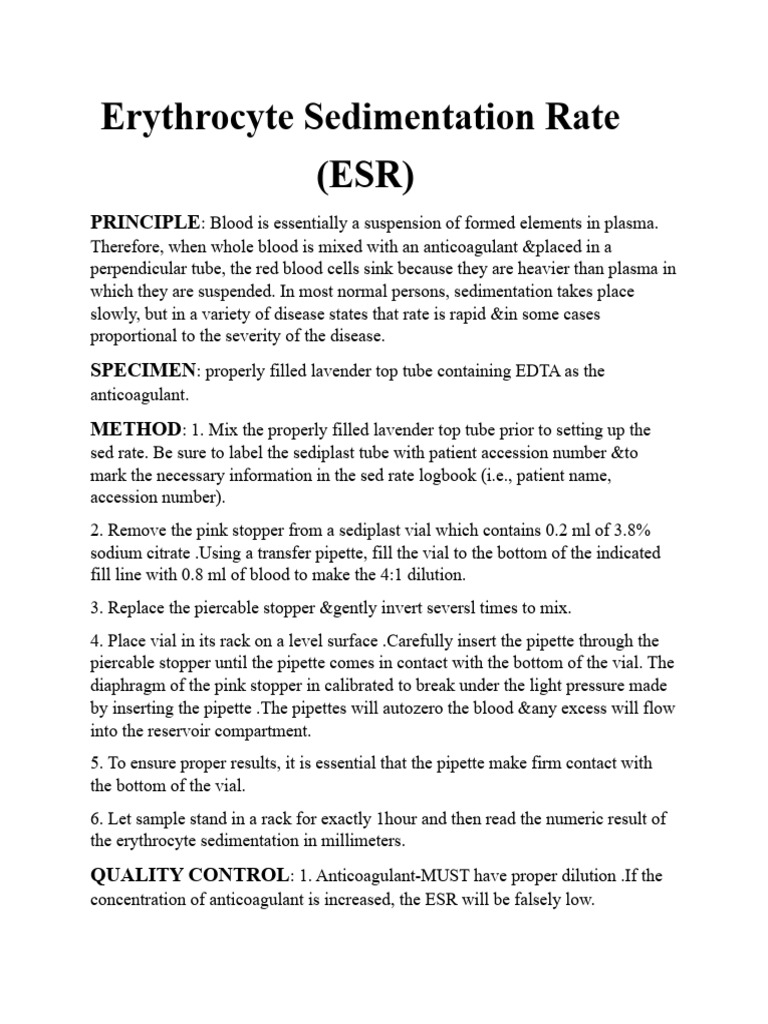 Erythrocyte Sedimentation Rate Guide | PDF | Chemistry | Blood