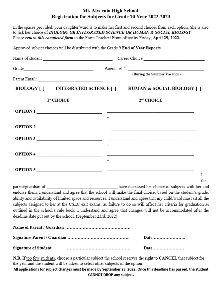 Grade 10 Subject Registration Form 2022 | PDF