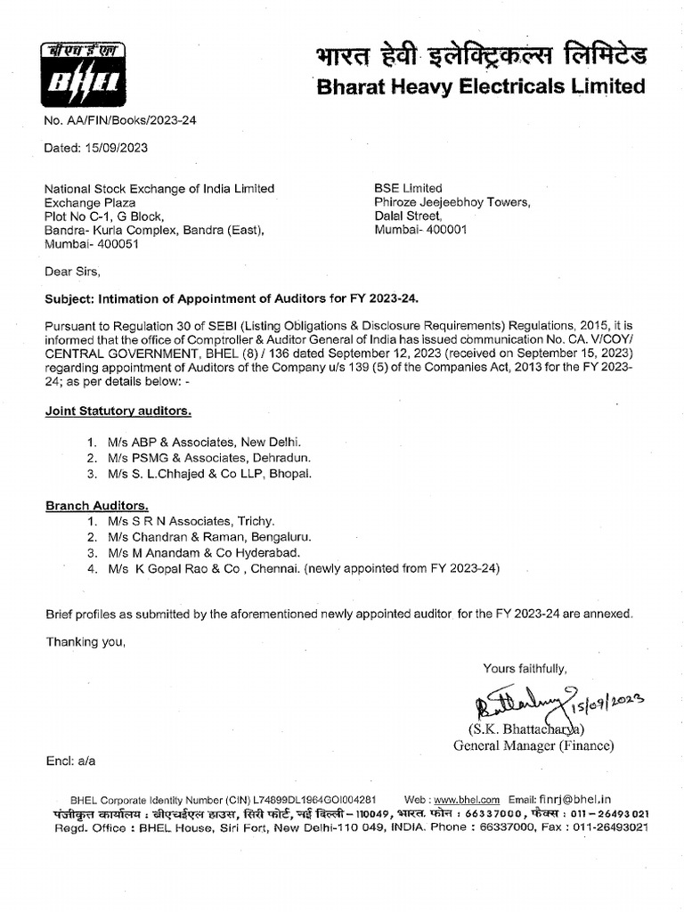 Intimation of Appointment of Auditors For FY 2023-24 | PDF