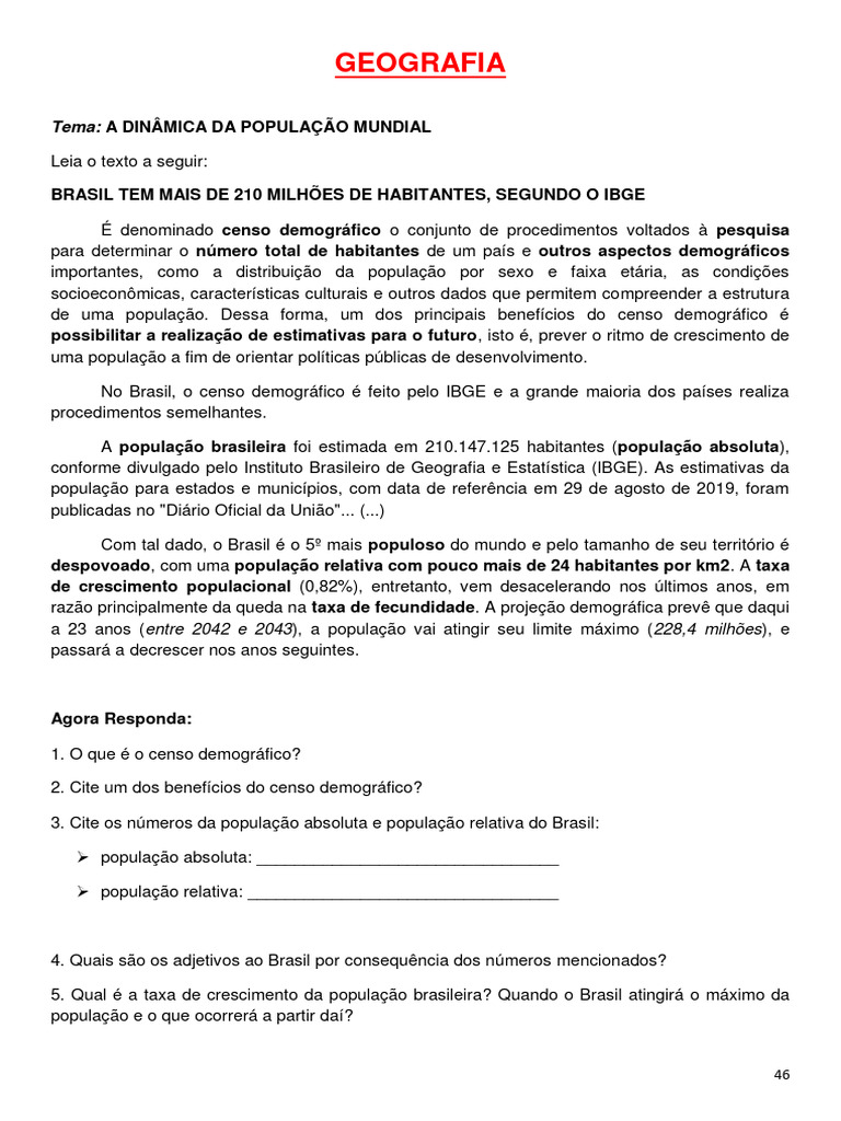 Atividade 8 Ano População-1 | PDF | População mundial | Demografia
