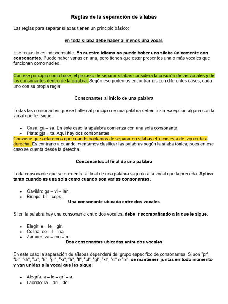 Reglas de La Separación de Sílabas | Descargar gratis PDF | Sílaba | Vocal