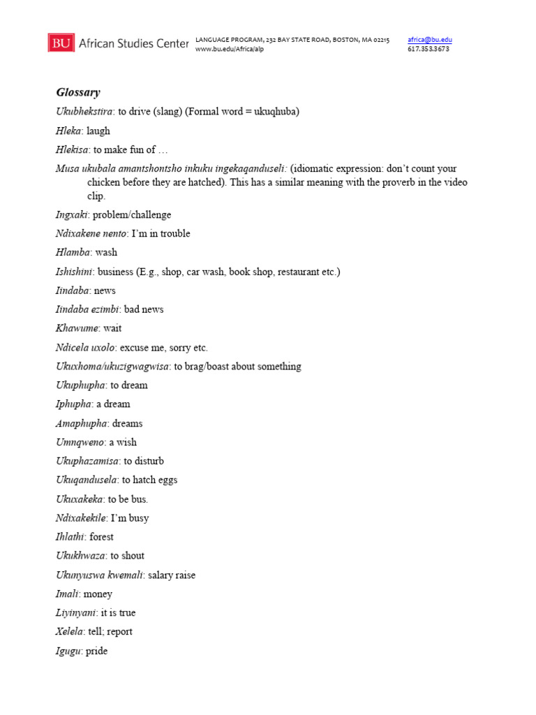 Xhosa Idioms and Vocabulary Guide | PDF