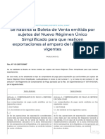 Se Habilita La Boleta de Venta Emitida Por Sujetos Del Nuevo Régimen Único Simplificado para Que Realicen Exportaciones Al Amparo de Las Normas Vigentes